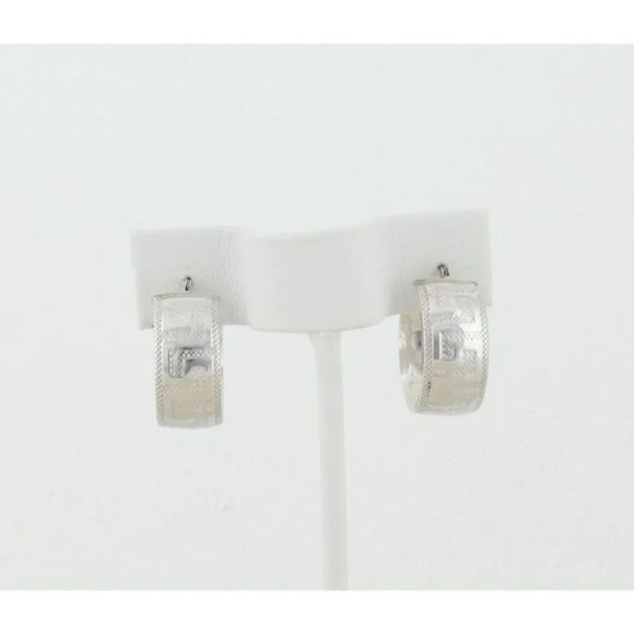 14k White Gold Hollow Lightweight Greek Key Hoop Earrings 3/4" Hoops - Picture 5 of 7